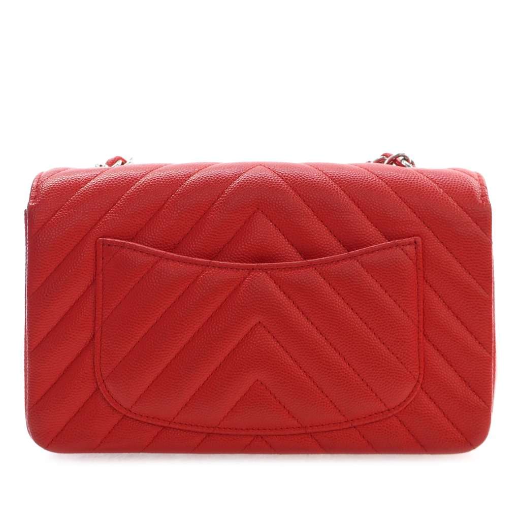 Chanel Mini Rectangular Classic Chevron Caviar Single Flap Red Leather Very good condition - Back View