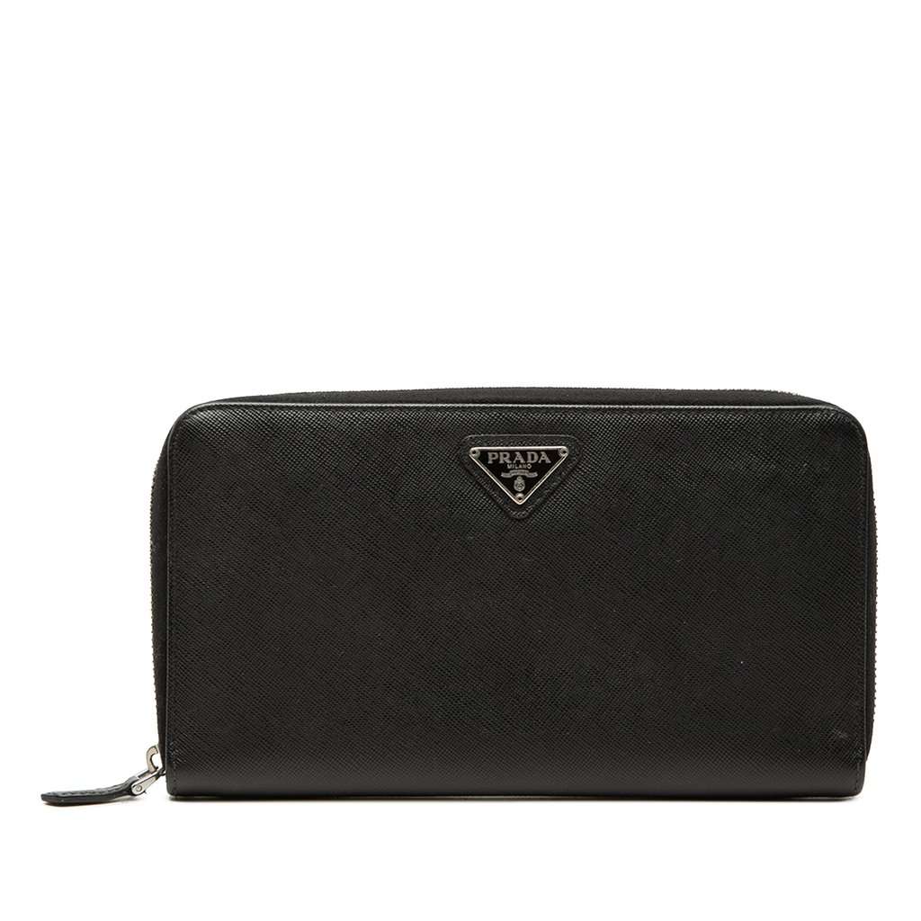 Prada Saffiano Zip Around Travel Wallet Black Leather Very good condition - Front View
