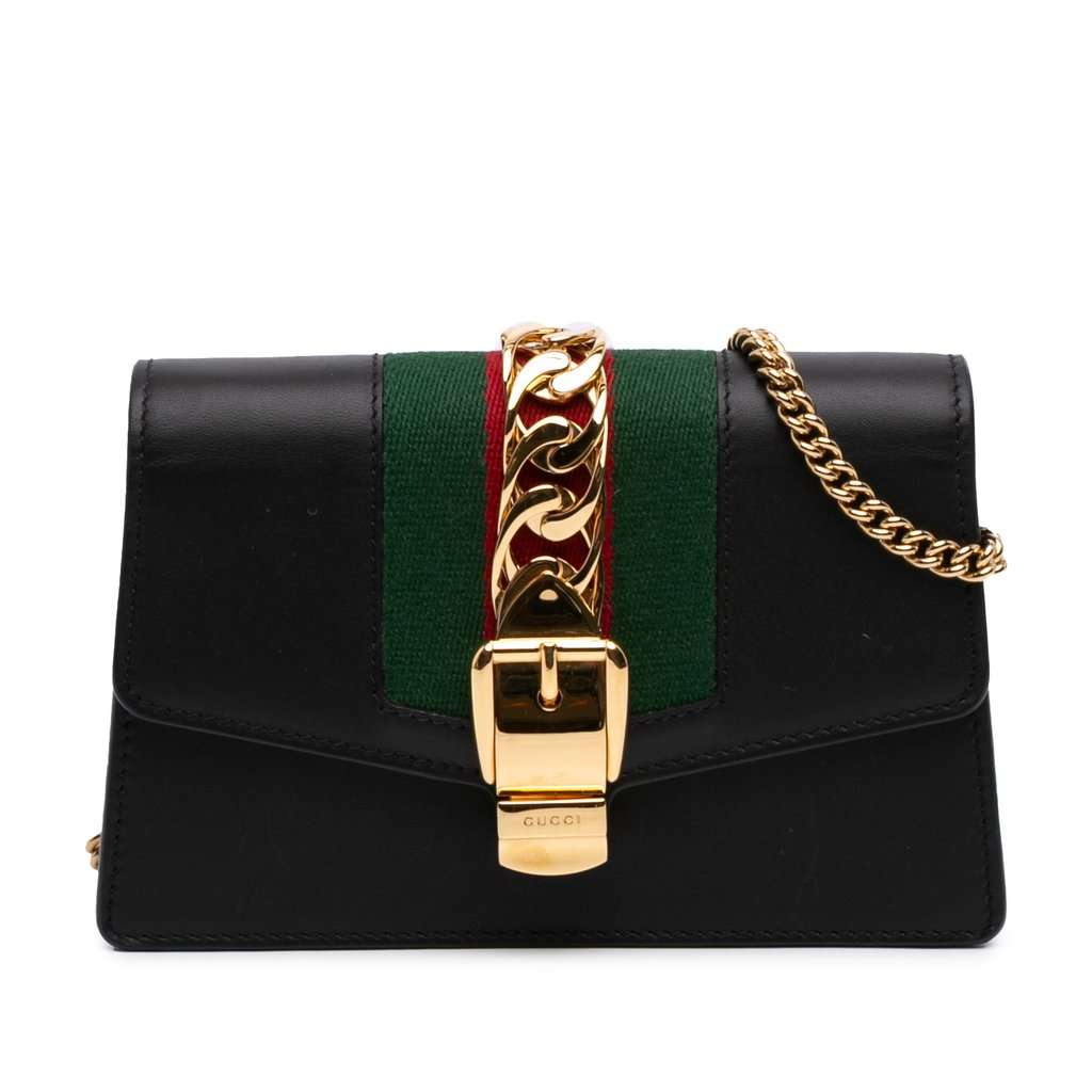 Gucci Super Mini Calfskin Web Sylvie Chain Crossbody Black Leather Very good condition - Front View