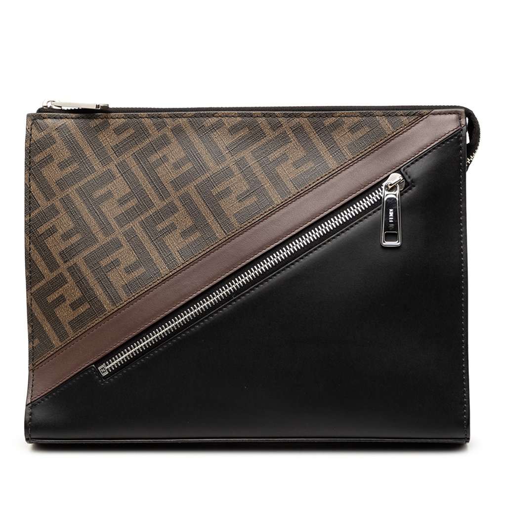 Fendi Zucca Coated Canvas Diagonal Front Zip Clutch Brown Very good condition - Front View