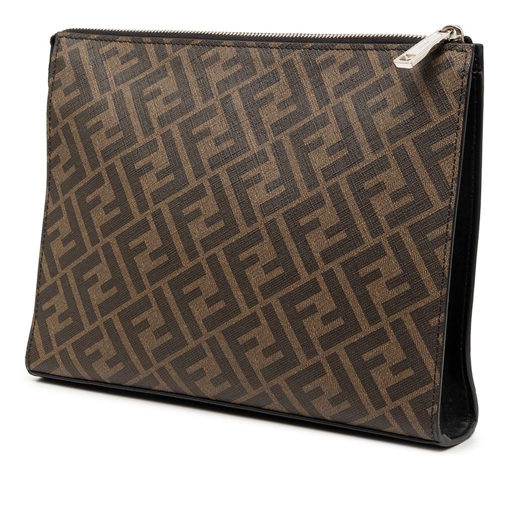 Fendi Zucca Coated Canvas Diagonal Front Zip Clutch Brown Very good condition - Back View