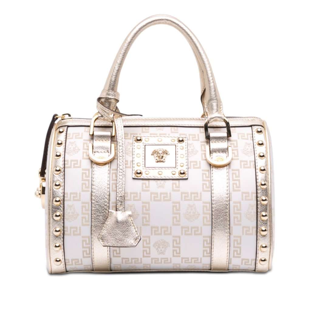 Versace Small Studded Jacquard Snap Out Of It Boston Bag White Very good condition - Front View