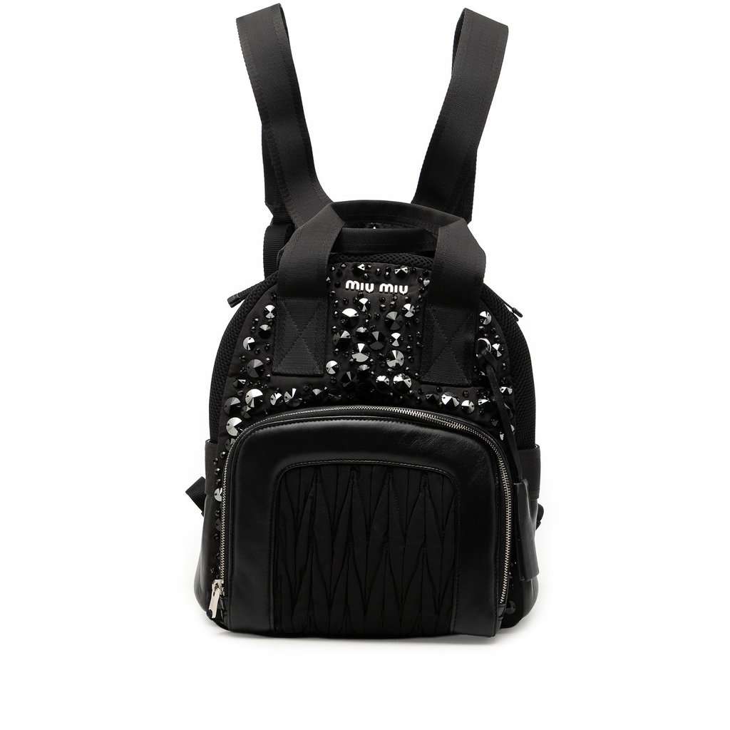 Miu Miu Leather Trimmed Matelasse Crystal Embellished Nylon Backpack Black Very good condition - Front View