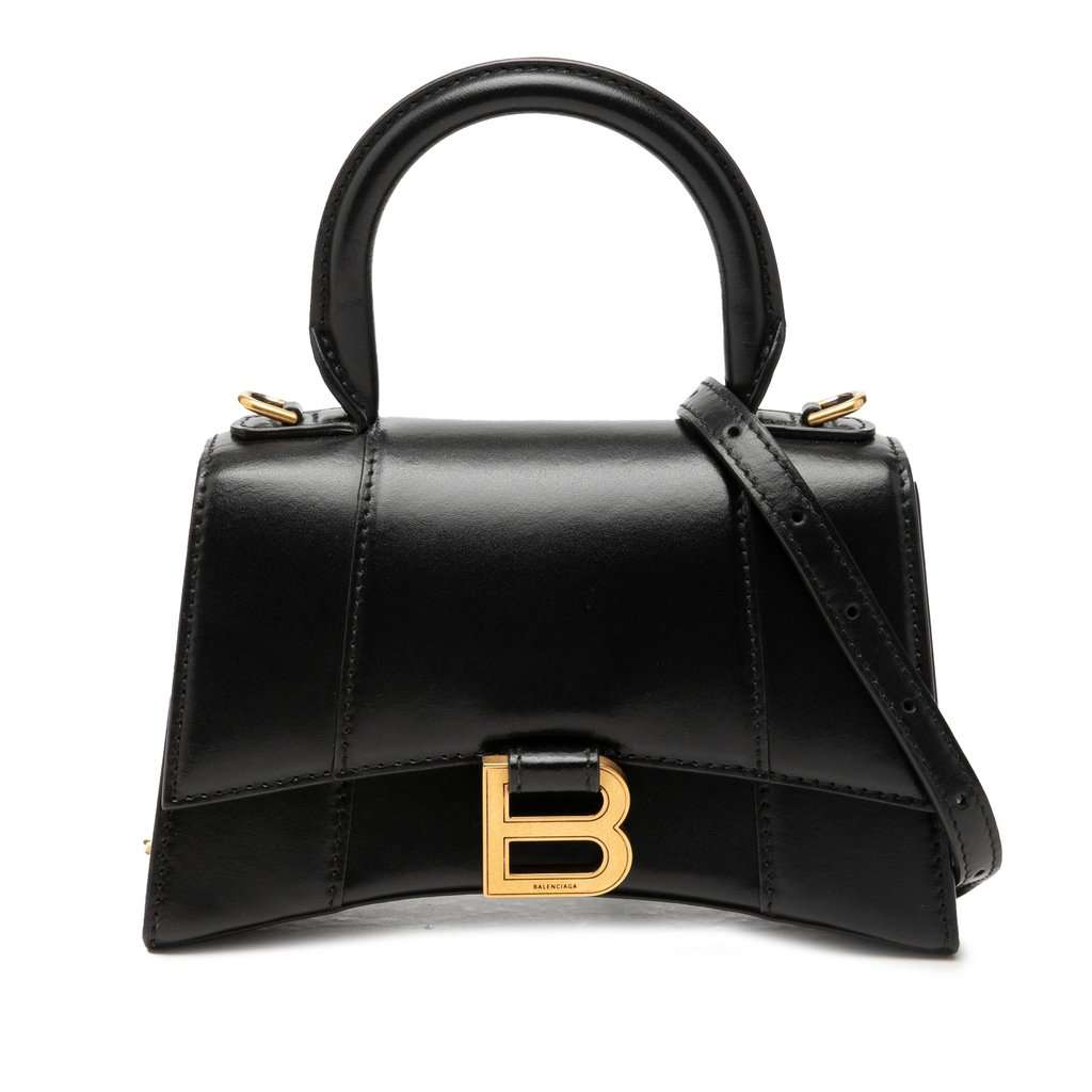 Balenciaga Small Shiny Box Calfskin Hourglass Top Handle Bag Black Leather Very good - Front View
