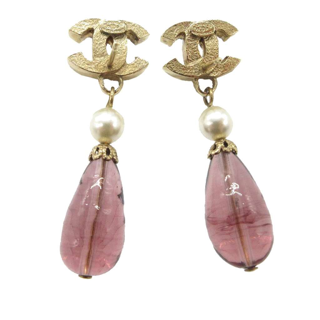 Chanel CC Gold Plated Strass Faux Pearl Push Back Earrings Gold Metal Very good condition - Back View