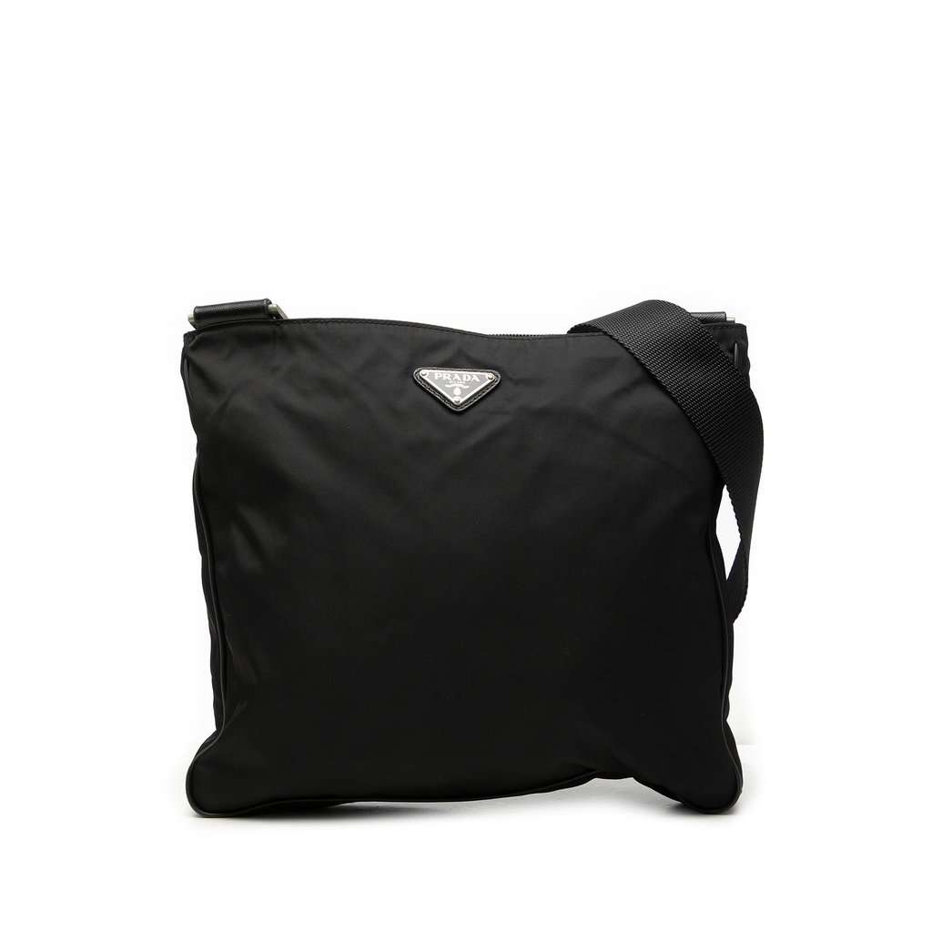 Prada Saffiano Trimmed Tessuto Zip Top Crossbody Black Good - Front View