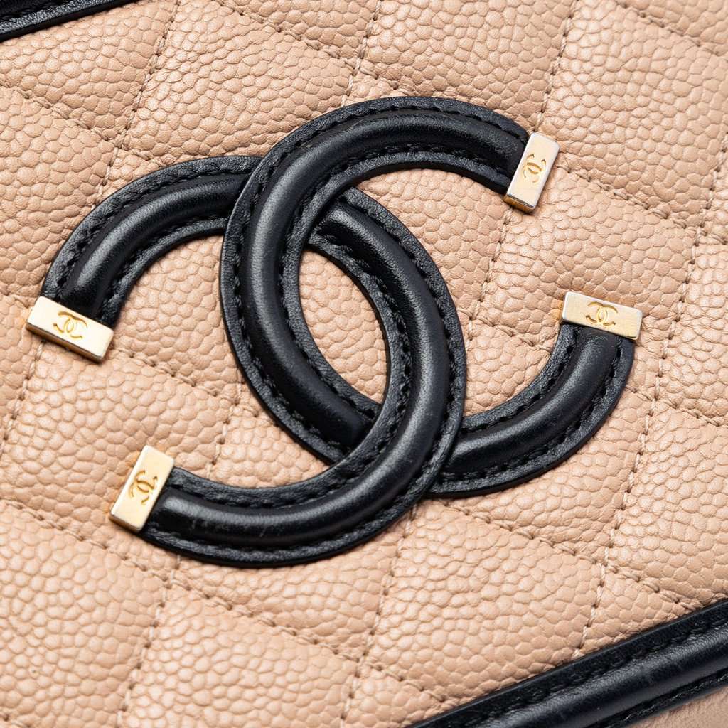 Chanel Small Bicolor Caviar CC Filigree Vanity Case Brown Leather Very good condition - Box View