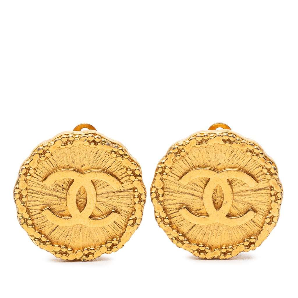 Chanel CC Gold Plated Sunburst Round Clip On Earrings Gold Metal Very good - Front View