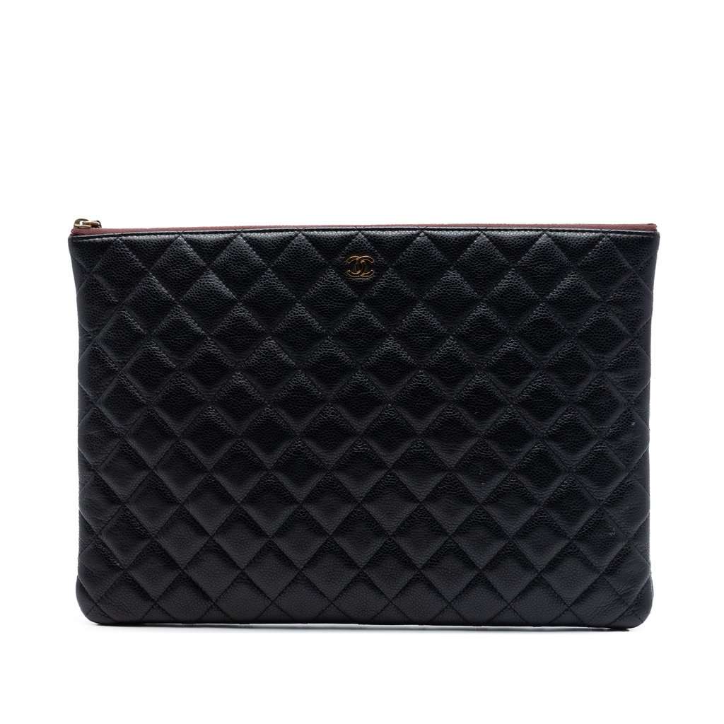 Chanel Large Quilted Caviar O Case Clutch Black Leather Very good condition - Front View