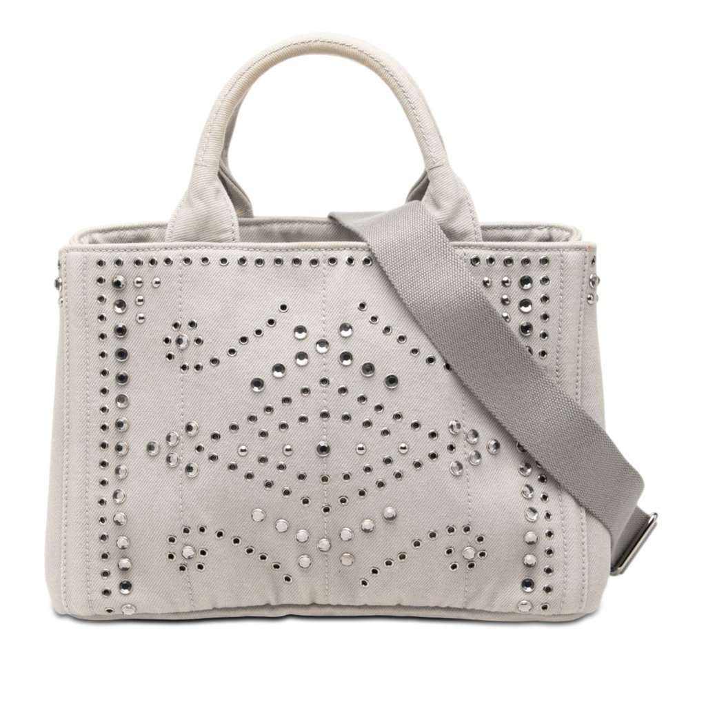 Prada Small Denim Canapa Bijoux and Grommet Satchel Silver Very good condition - Front View