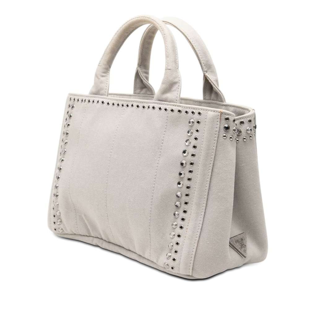 Prada Small Denim Canapa Bijoux and Grommet Satchel Silver Very good condition - Back View