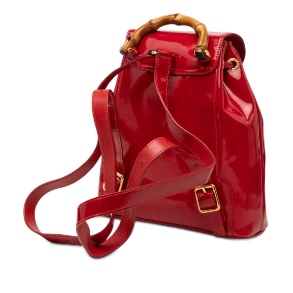 Gucci Patent Bamboo Drawstring Backpack Red Leather Good - Back View