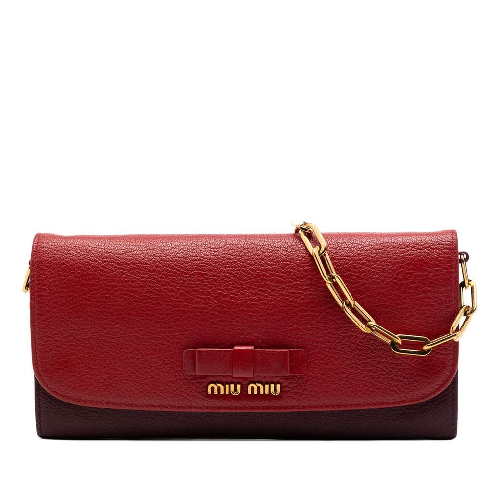 Miu Miu Bicolor Goatskin Madras Bow Wallet on Chain Red Leather Very good condition - Front View