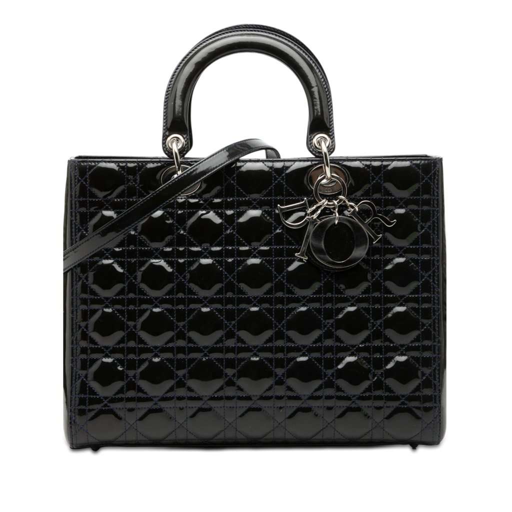 Dior Large Patent Cannage Lady Dior Blue Leather Never worn, with tag - Front View