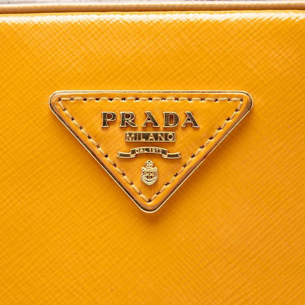 Prada Bicolor Saffiano Vernice Pyramid Frame Handbag Yellow Leather Very good condition - Box View
