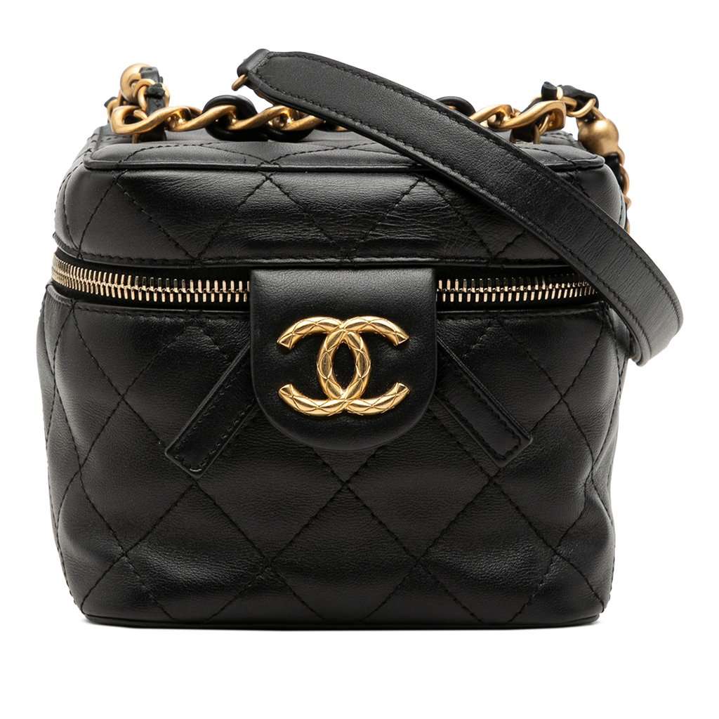 Chanel CC Quilted Calfskin Vanity Case with Chain Black Leather Very good - Front View