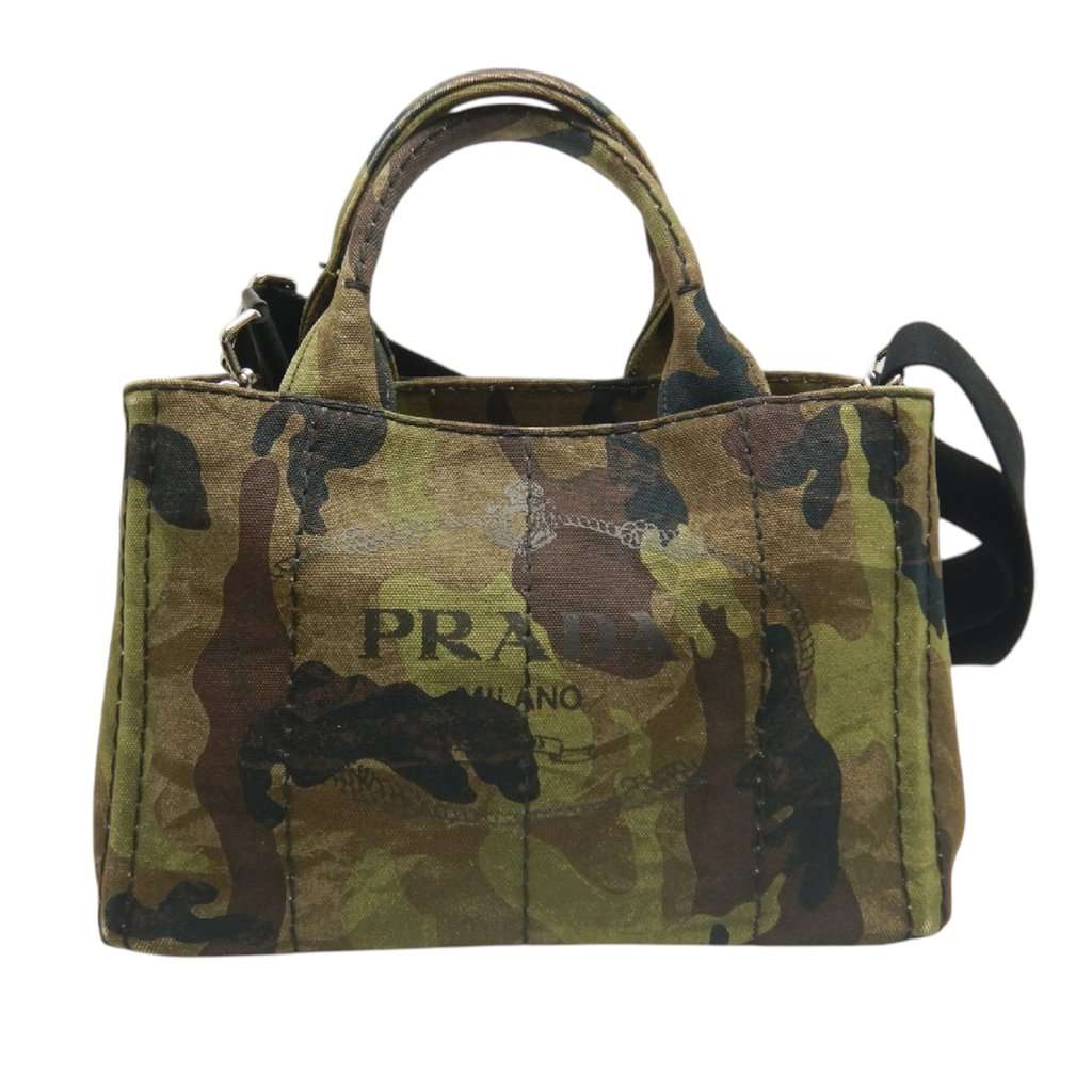Prada Small Canvas Canapa Logo Camouflage Satchel Brown Very good condition - Front View