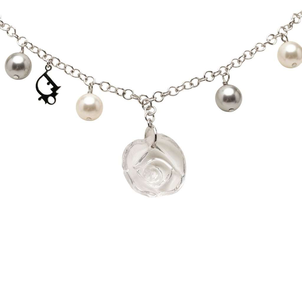 Dior Brass Faux Pearl Rose Pendant Necklace Silver Metal Very good condition - Back View