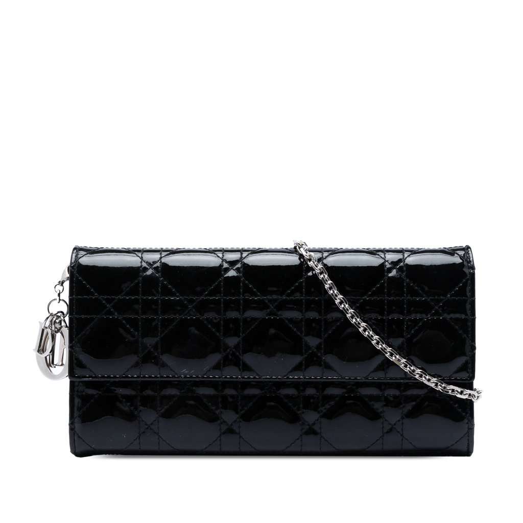 Dior Patent Cannage Lady Dior Wallet On Chain Black Leather Very good condition - Front View