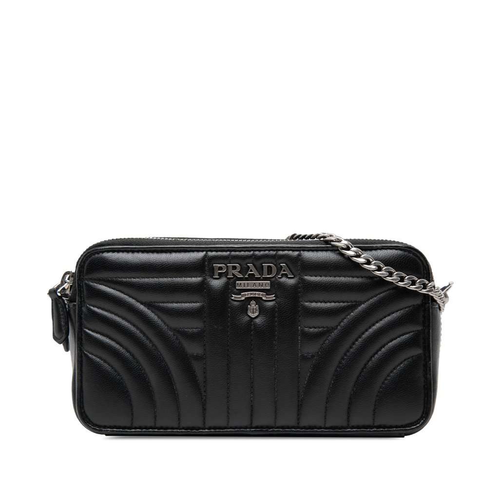 Prada Mini Soft Calf Impunture Diagramme Double Zip Crossbody Black Leather Very good - Front View
