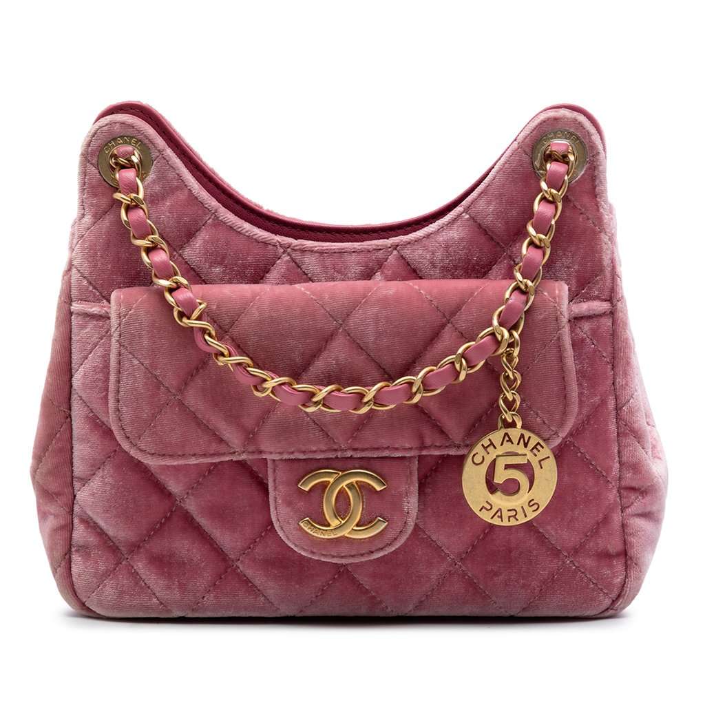 Chanel Small Quilted Velvet Wavy CC Hobo Pink Very good condition - Front View