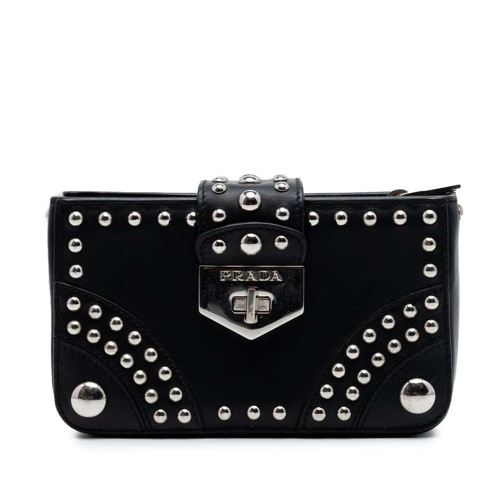 Prada City Calfskin Studded Elektra Turn Lock Clutch Black Leather Very good condition - Front View