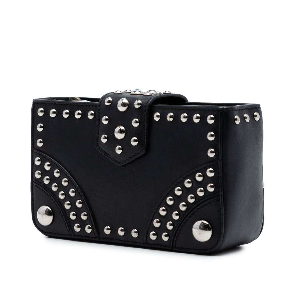 Prada City Calfskin Studded Elektra Turn Lock Clutch Black Leather Very good condition - Back View