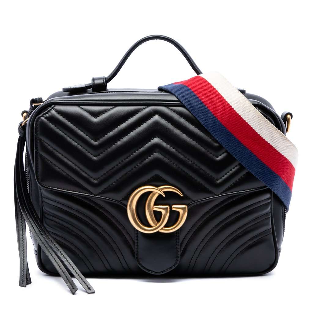 Gucci Small GG Marmont Matelasse Calfskin Sylvie Top Handle Satchel Black Leather Very good - Front View