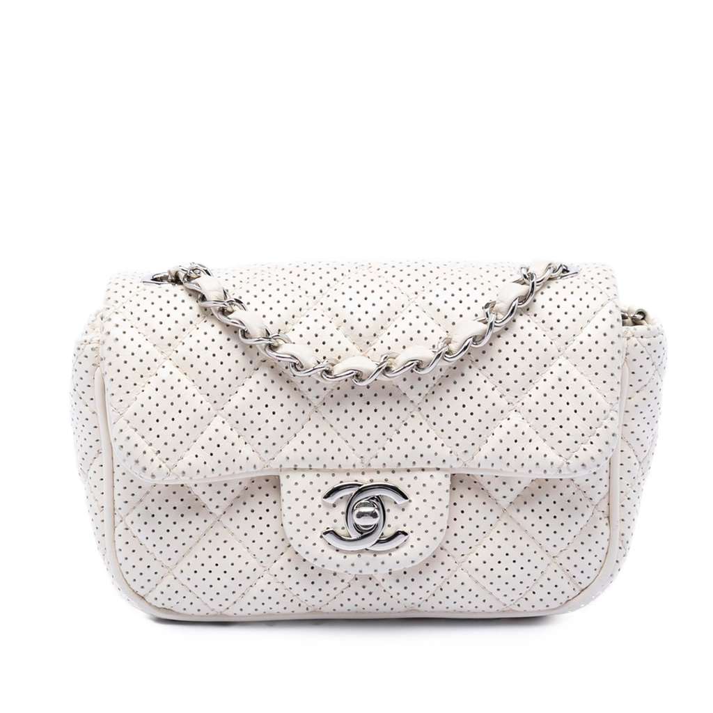 Chanel Mini Perforated Lambskin Punch Flap White Leather Very good - Front View