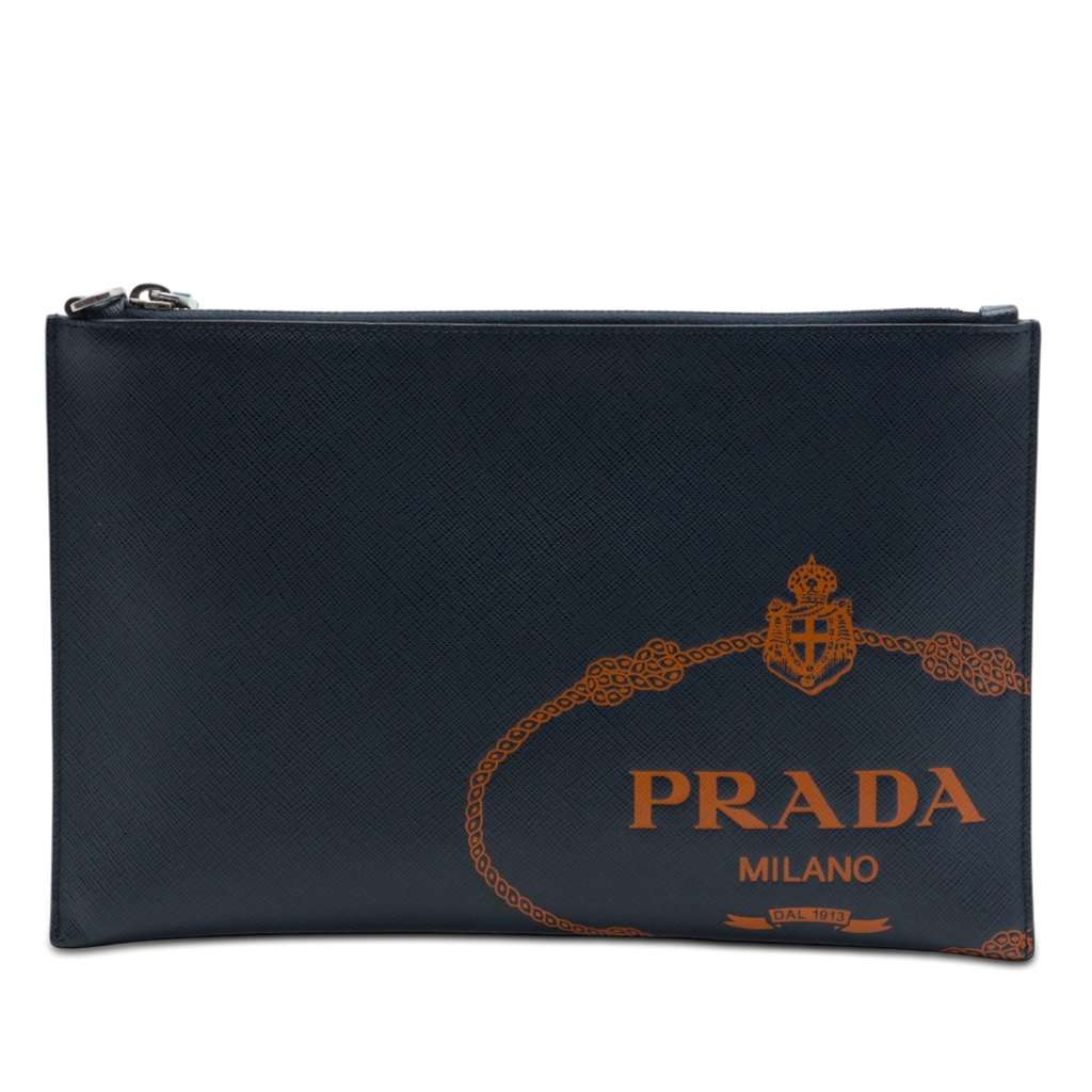 Prada Saffiano Logo Clutch Blue Leather Very good - Front View