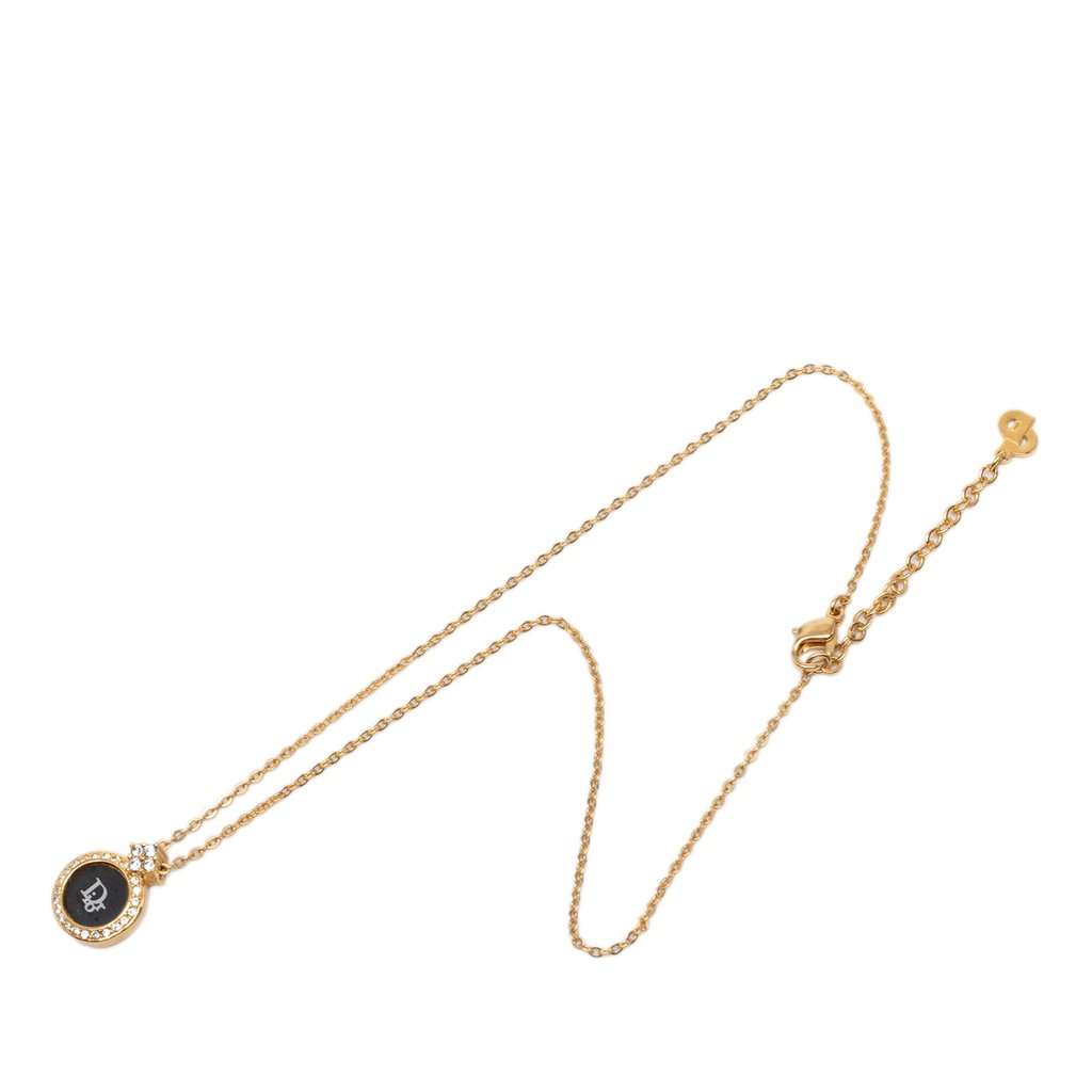 Dior Gold Plated Enamel Strass Logo Pendant Necklace Gold Metal Very good condition - Front View