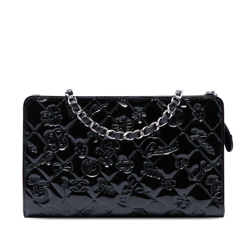 Chanel Quilted Patent Embossed Lucky Symbols Pochette Black Leather Very good condition - Front View