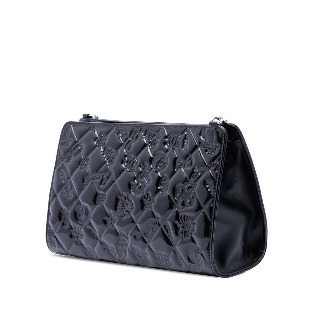 Chanel Quilted Patent Embossed Lucky Symbols Pochette Black Leather Very good condition - Back View