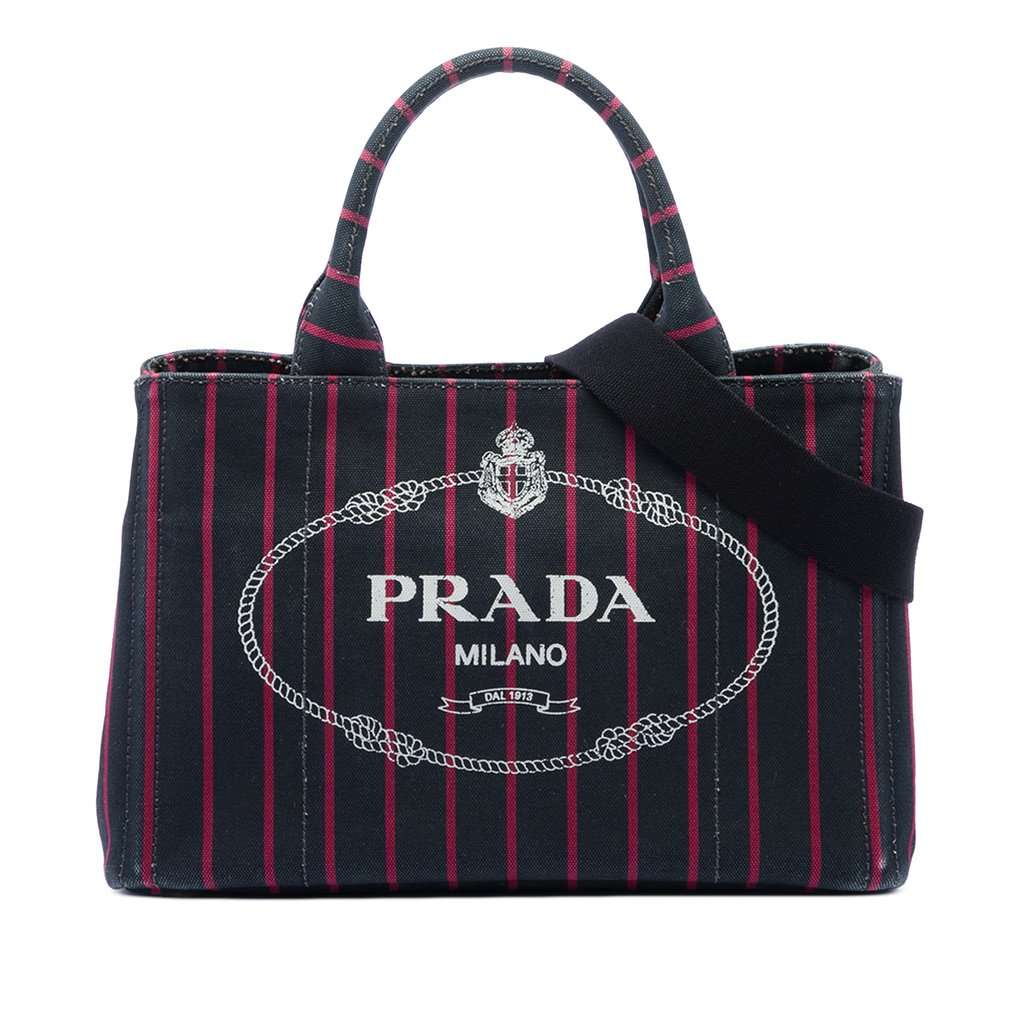 Prada Small Canvas Canapa Logo Stripes Satchel Black Very good condition - Front View