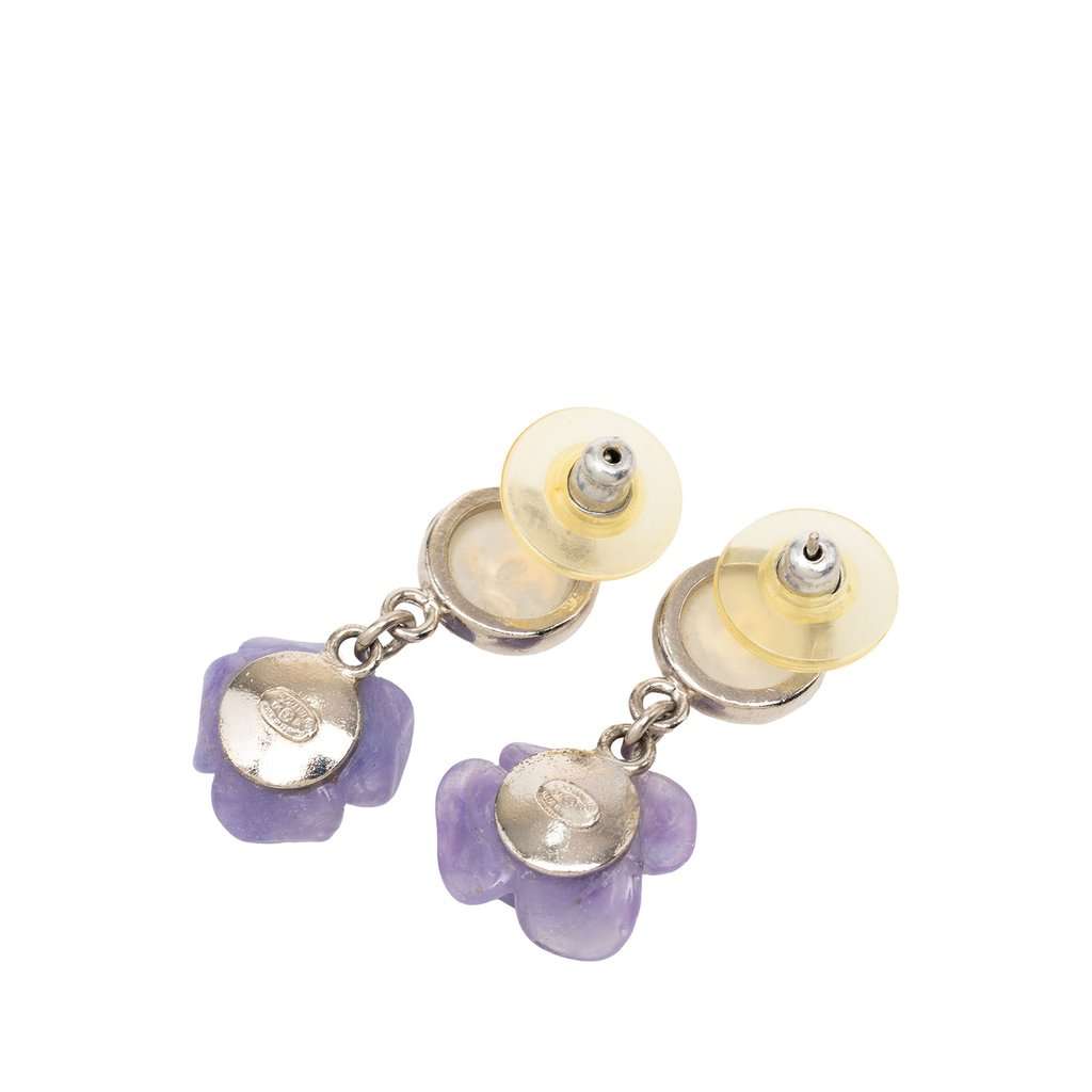 Chanel CC Brass and Resin Camellia Drop Push Back Earrings Silver Metal Very good - Back View