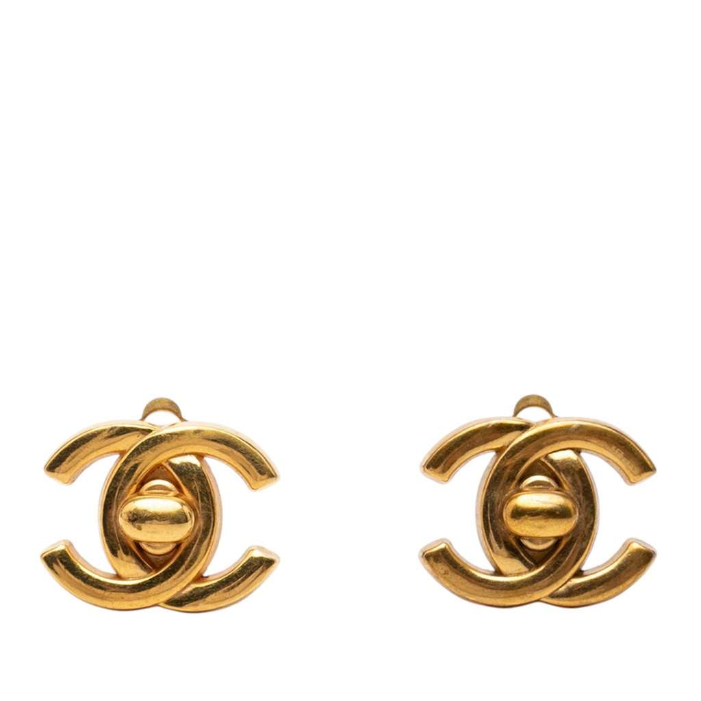 Chanel CC Gold Plated Turn Lock Clip On Earrings Gold Metal Very good - Front View
