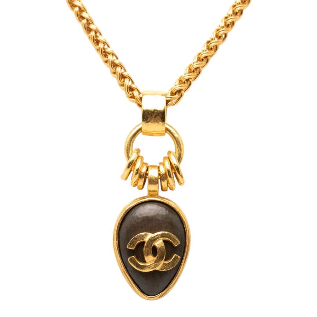 Chanel CC Gold Plated Wood Pendant Necklace Gold Metal Very good - Back View