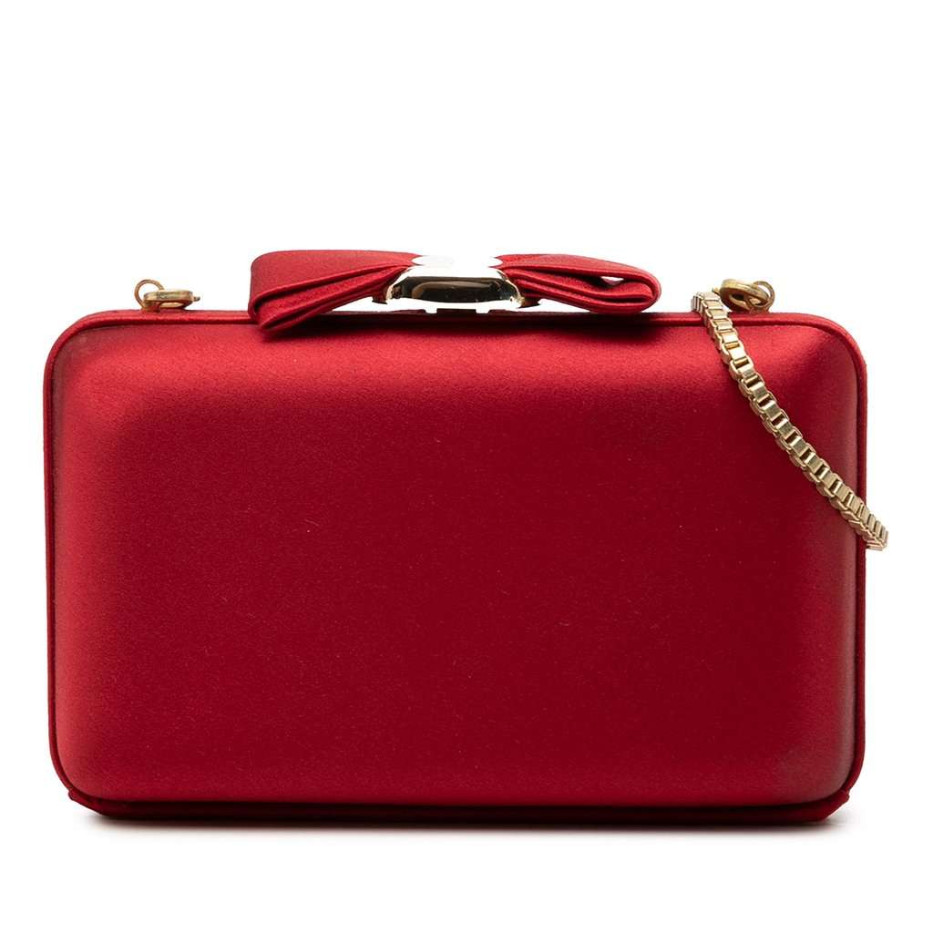 Ferragamo Satin Vara Bow Evening Clutch on Chain Red Very good - Front View