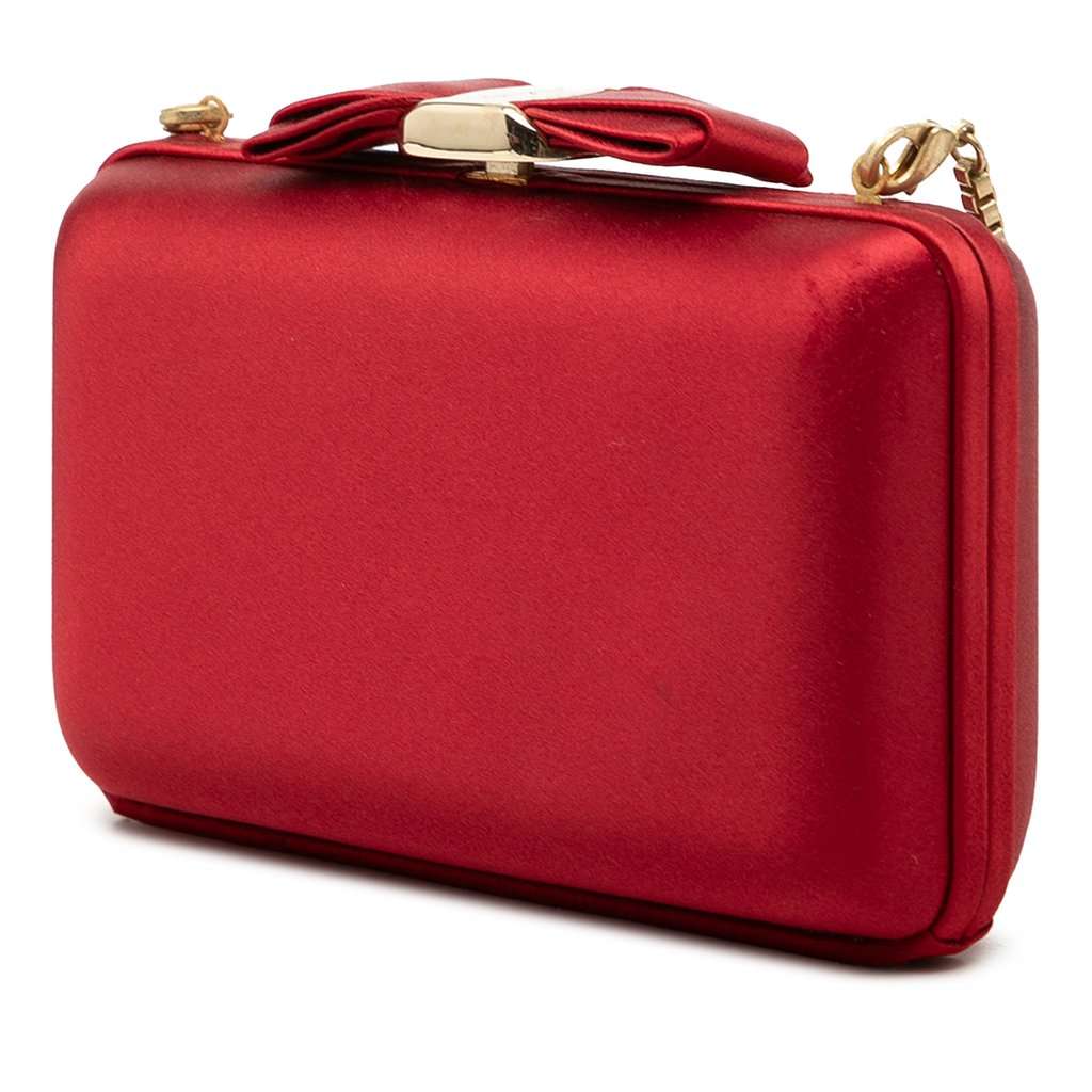 Ferragamo Satin Vara Bow Evening Clutch on Chain Red Very good - Back View
