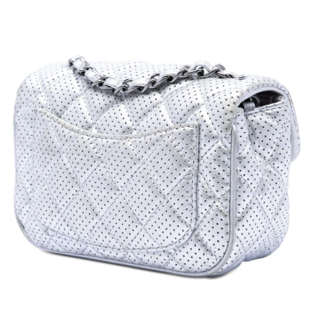 Chanel Mini Square Classic Perforated Lambskin Single Flap Silver Leather Very good condition - Back View