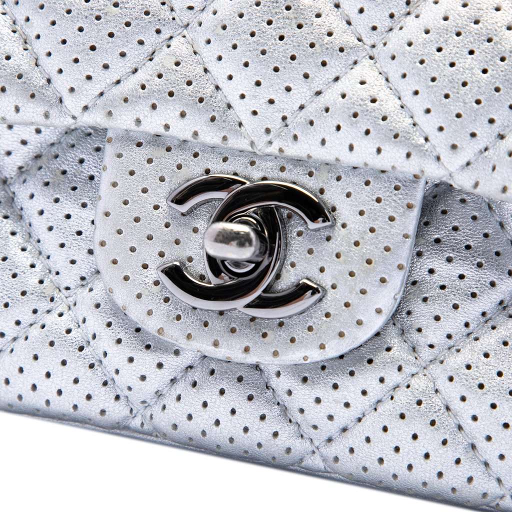 Chanel Mini Square Classic Perforated Lambskin Single Flap Silver Leather Very good condition - Box View