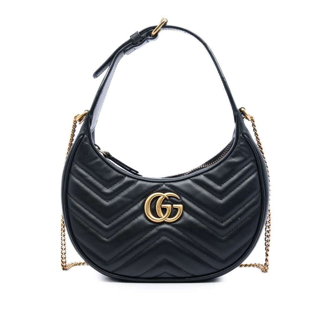 Gucci Mini GG Marmont Matelasse Calfskin Half Moon Bag Black Leather Very good - Front View