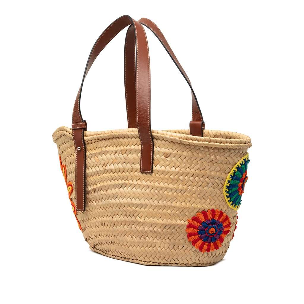 Loewe Medium Floral Embroidered Raffia Basket Tote Beige Very good condition - Back View