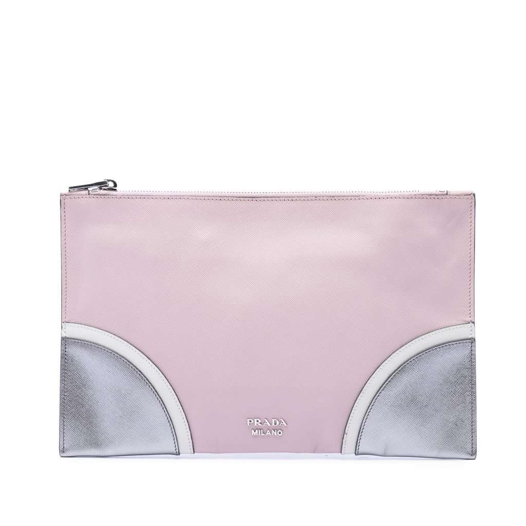 Prada Tricolor Saffiano Clutch Pink Leather Very good - Front View
