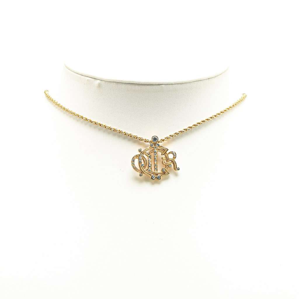 Dior Gold Plated Logo Crystal Pendant Necklace Gold Metal Very good condition - Box View