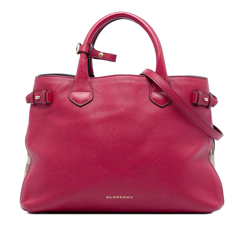 Burberry Medium Leather and House Check Canvas Banner Satchel Red Leather Very good - Front View