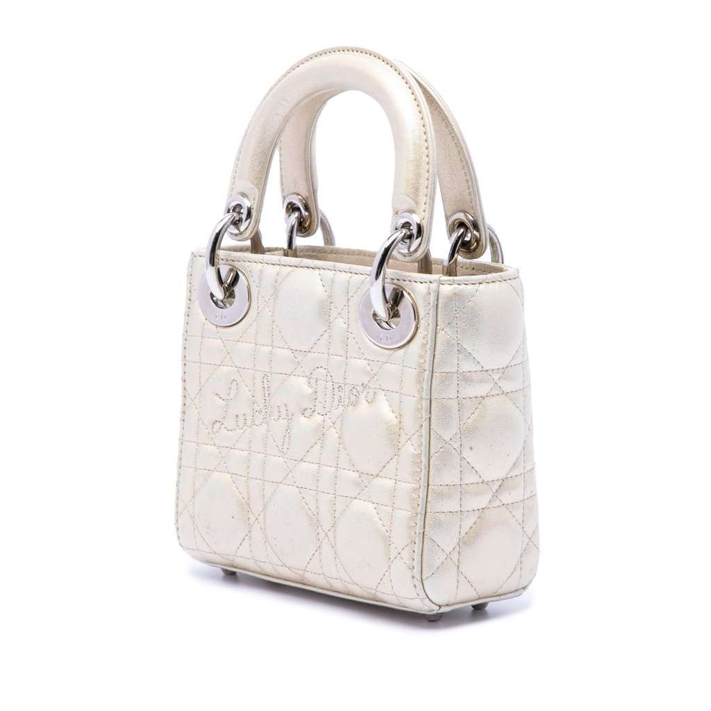 Dior Micro Metallic Crinkled Calfskin Lucky Dior Cannage Lady Dior Gold Leather Very good condition - Back View