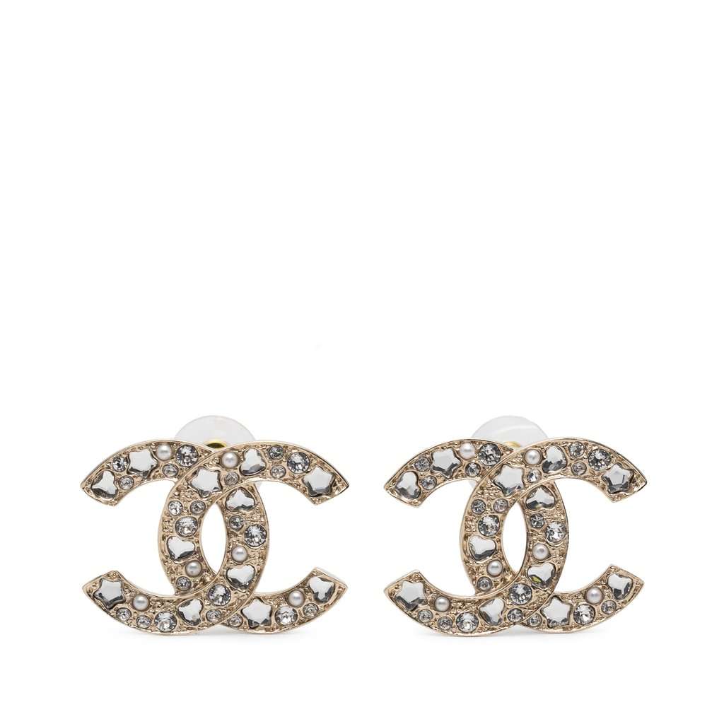 Chanel CC Gold Plated Strass Faux Pearl Push Back Earrings Gold Metal Very good condition - Front View