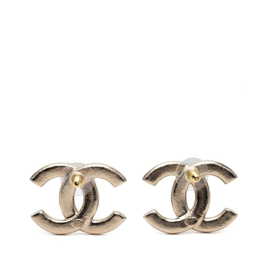 Chanel CC Gold Plated Strass Faux Pearl Push Back Earrings Gold Metal Very good condition - Back View