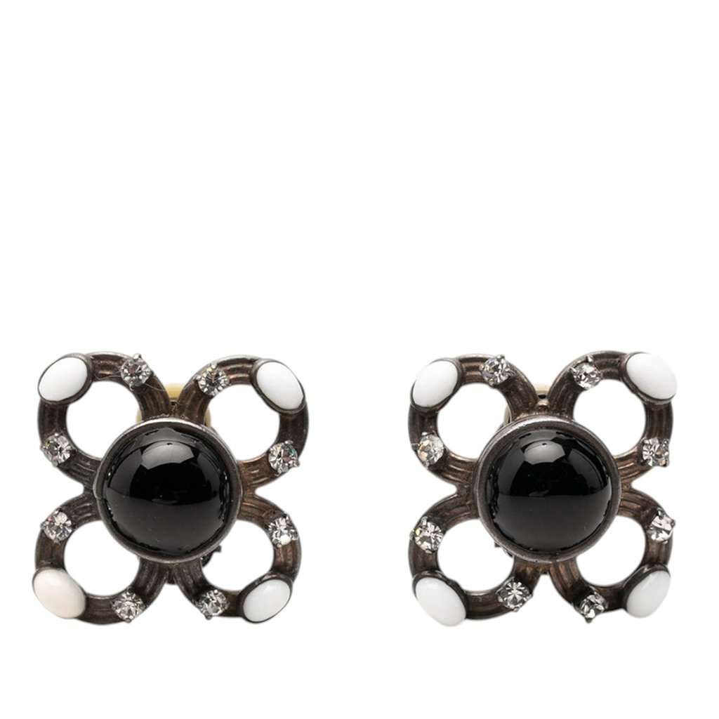 Chanel Brass Cabochon Enamel Strass Clip On Earrings Silver Metal Very good - Front View